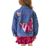 Miipat Girls Denim Jacket Patchwork Toddler Jean Jacket Button Down Fashion Butterfly Sequin Jeans Coat with Pockets Longe Sleeve Outerwear for Kids 100 3-4 Years