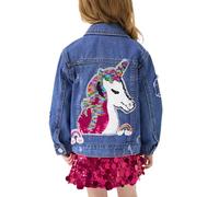 Miipat Girls Denim Jacket Sequin Patchwork Toddler Jean Jacket Button Down Fashion Jeans Coat with Pockets Long Sleeve Outerwear for Kids 110 4-5 Years