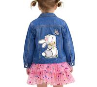 Miipat Girls Denim Jacket Toddler Easter Bunny Embroidered Jean Jackets for Little Kids Outerwear Button Down Jeans Coat with Pockets(Darkblue rabbit,7-8Years)