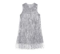 Miipat Girls Sequin Fringe Dress Layered Sparkly Tassel Sleeveless Vintage 20s Flapper Dress Little Kids Dance Party Pageant Birthday Dresses(Silver, 5-6 Years)