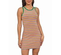 MiiVoo Women's Sleeveless Summer Dress Side Ruched Stretchy Bodycon Party Club Mini Tank Dresses, Striped_orange Green, L