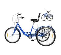 MIIWWOWO 24" Foldable Tricycle for Adults and Seniors, 7 Speed Adjustable Three Wheel Bike with Backrest and Shopping Rear Basket for Men and Women, Blue