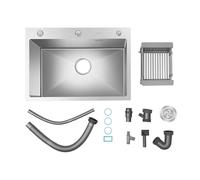 MIIWWOWO 304 Stainless Steel Kitchen Sink, 66x45x21cm Single Bowl Drop-in/Undermount Sink, 9cm Drain, X-Shaped Water Guide, Silver Sinks with Strainer, Drain Basket