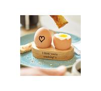 MijMoj Design Solid oak double egg cup engraved with - I think you're cracking x in Light Oak MijMoj Design Light Oak