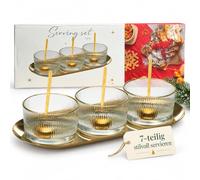MIJOMA Christmas 7-Piece Serving Set - 3 Glass Bowls with Gold Rim, Gold Spoon & Stainless Steel Serving Tray - Elegant Dip & Snack Set for Festive Occasions