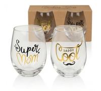 MIJOMA Drinking Glasses Set of 2 - Super Mom & Daddy Cool - Stylish Glasses 500 ml - Gift for Parents, Mum & Dad - Elegant Design - Glass Set for Water, Juice, Wine