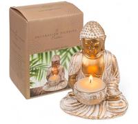 MIJOMA Gold & White Vintage Look Polyresin Buddha Figurine 14-34 cm Height Optional with Tea Light Holder - Spiritual Peace and Elegance (10 x 8.5 x 14 cm with Tea Light Holder)