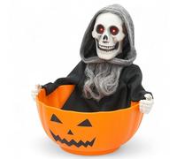 MIJOMA Halloween Decorative Bowl with Grim Reaper - Animated with Light, Sound & Movement - Scary Decoration with Sensor - Pumpkin Bowl 26 x 28 x 29 cm - Ideal for Parties & Children