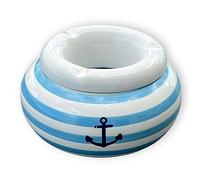 MIJOMA Storm Ashtray, Wind Ashtray Made of Dolomite, Ceramic Table Ashtray with Lid, Weatherproof, for Indoor and Outdoor Use (Light Blue Striped Anchor Maritime, Diameter 11 cm)