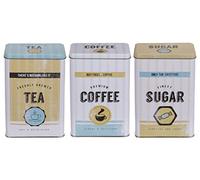 MIK funshopping Set of Retro Metal Tin Coffee, Tea & Sugar - Coffee Canister, Tea Canister, Sugar Bowl with Lid (3-Piece Vintage Design White/Beige/Light Blue)