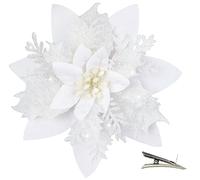MIKAILE 20PCS Christmas Flowers Artificial with Clip, 14CM Poinsettia Christmas Decorations with Glitter for Christmas Tree Decorations Garland Wreaths DIY Christmas Ornaments (White)