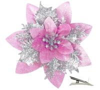 MIKAILE 20PCS Christmas Flowers Artificial with Clip, 14CM Poinsettia Christmas Decorations with Glitter for Christmas Tree Decorations Garland Wreaths DIY Christmas Ornaments (Pink Silver)