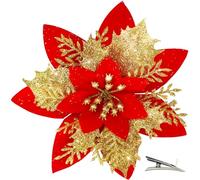 MIKAILE 20PCS Christmas Flowers Artificial with Clip, 14CM Poinsettia Christmas Decorations with Glitter for Christmas Tree Decorations Garland Wreaths DIY Christmas Ornaments (Gold Red)
