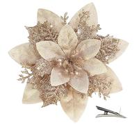 MIKAILE 20PCS Christmas Flowers Artificial with Clip, Poinsettia Christmas Decorations with Glitter for Christmas Tree Decorations Garland Wreaths DIY Ornaments (Champagne)