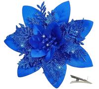MIKAILE 20PCS Christmas Flowers Artificial with Clip, Poinsettia Christmas Decorations with Glitter for Christmas Tree Decorations DIY Ornaments Garland Wreaths (Blue)