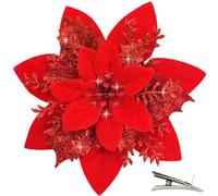 MIKAILE 20PCS Christmas Flowers Artificial with Clip, Poinsettia Christmas Decorations with Glitter for Christmas Tree Decorations Garland Wreaths DIY Ornaments (Red)