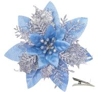 MIKAILE 20PCS Christmas Flowers Artificial with Clip, Poinsettia Christmas Decorations with Glitter for Tree Decorations Garland Wreaths DIY Christmas Ornaments (Silver Blue)