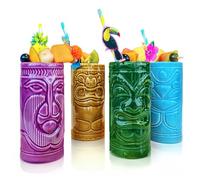 mikamax Tiki Mugs - Tiki cups - Set of 4 - ceramic - cocktail cups - cocktail glasses - Tiki Bar accessories - party decoration - 14cm x 6,5 Ø - Tiki Cocktail Party