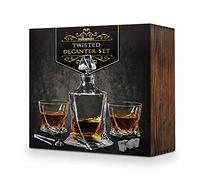 Mikamax - Twisted Decanter Set - Whiskey Decanter And Glass Set - 2 Glasses - 9 Whisky Stones - Wooden Gift Box