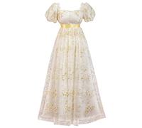 Mikan Tsumiki Gold Regency Dresses for Bridgerton Women Lace Empire Waist Dress Victorian Rococo Ball Gown 1800s Vintage Costume L
