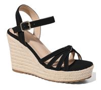 mikarka Sandals for Women 2025: Comfortable Wedge Platform Sandals Women - Braided Espadrilles for Women Ankle Strap Open Toe Wedges Heels Beach Sandals Summer Shoes, 3.94" Wedge Heel/Black Nubuck, 6