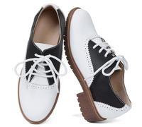 mikarka Vintage Oxford Shoes for Women Perforated Wingtips Brogue Oxfords Low Chunky Heel Lace Up Saddles Dress Pumps Shoes, Black/White Matte, 6 UK