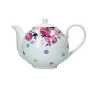 Mikasa Clovelly White Teapot with Multi Colour Polka Dot and Floral Design, Porcelain, White, 1 Litre