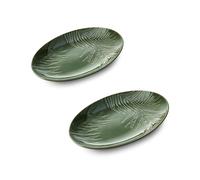 Mikasa Jardin Green Stoneware Serving Platter Set, Oval Glazed Serving Dish, Set of 2, 36cm x 22.5cm - Green - Stoneware - Platters