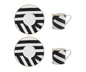 Mikasa Luxe Deco Geometric Stripe China Espresso Cups and Saucers, Set of 2, 100ml - Black / White - Clay - Cup and Saucer