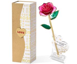 Mikasol Gold Dipped 24K Forever Preserved Rose, 1 Pack Infinity Flower Decor Hand Dipped Romantic Gift for Women in Her Wife Girlfriend Birthday Anniversary Valentines Mothers Day Christmas(Pink)