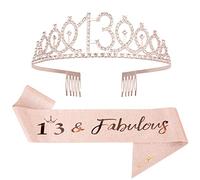 Mikccer Rose Gold 13th Birthday Sash and Birthday Tiara Crown for Girls