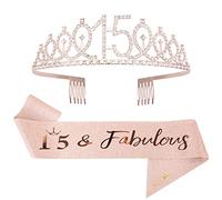 Mikccer Rose Gold 15th Birthday Sash and Tiara, Rhinestone Crown Headband for Girls' 15th Birthday Decoration Party Accessories