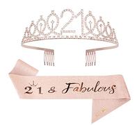 Mikccer Rose Gold 21st Birthday Sash and Tiara - Rhinestone Crown Headband for Gifts, Decoration Party Accessories for Girls Women