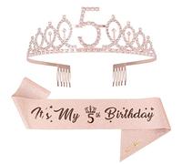 Mikccer Rose Gold 5th Birthday Sash and Birthday Tiara Crown for Girls
