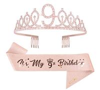 Mikccer Rose Gold 9th Birthday Sash and Birthday Tiara Crown for Girls