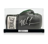 Mike Tyson Signed Black Boxing Glove. Display Case With Plaque