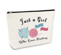 Mikela Crochet Gift for Knitting Lovers: Travel Cosmetic Bag, Off White, Cartoon Pattern, Zipper Closure, Cotton & Linen, Women's On-the-go Cosmetic Case