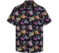 MIKENKO 80s 90s Hawaiian Shirt for Adult Men Funny Button Down Shirt Big and Tall Short Sleeves Button Up Shirts for Men Women, 80s 90s Black 01, Large