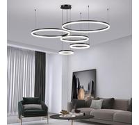 Mikeru Dimmable Hanging Pendant Light 5 Ring, 30+40+60+80+100cm Black Modern LED Kitchen Pendant Light 10% to 100% 3000K/4500K/6500K Modern Adjustable Ceiling Lights for Living Room