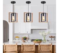 Mikeru Farmhouse Vintage Pendant Light, 3 Pack Black Metal and Wooden Design, Industrial Style Pendant Light, Height Adjustable 1.2M with E27 Base, for Living Room, Dining Room, Tea Room, Bedroom