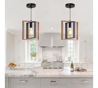 Mikeru Rustic Industrial Ceiling Light, E27 Modern Black Metal Pendant Light, Vintage Wooden Pendant Light, Height Adjustable 1.2M Suspended Light Fixture for Kitchen, Living Room, Bedroom, Hallway