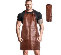 MIKI WELL Leather Welding Rustic Apron with Large Pockets and Adjustable Straps, Handmade, Brown, One Size Fits All