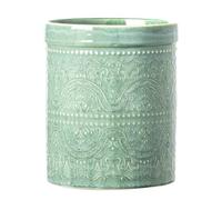 MIKIGEY Kitchen Utensil Holder, 7 Inches Large Ceramic Utensil Holder for Countertop, Lace Emboss Cooking Utensil Crocks for Kitchen, Home Decor, Off-White, Forest Green