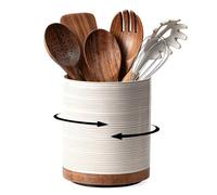 MIKIGEY Utensil Holder, 360° Rotating Extra Large Ceramic Kitchen Utensil Holder for Countertop, Cooking Utensil Crocks for Kitchen Counter with Rotatable Wooden Base, Farmhouse Decor, Arctic White