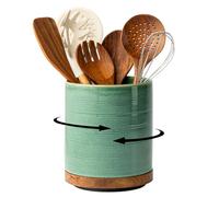MIKIGEY Utensil Holder, 360° Rotating Extra Large Ceramic Kitchen Utensil Holder for Countertop, Cooking Utensil Crocks for Kitchen Counter with Rotatable Wooden Base, Farmhouse Decor, Forest Green