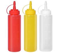 Mikihat 3 PCS Plastic Squeeze Bottles, Sauce Bottles with Cap,200ML Condiment Dispensers for Home Ketchup, Mustard, Mayo, Dressings, Olive Oil, Hot Sauce, BBQ (Red ,Yellow, Transparent)