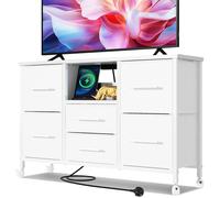 MIKIICOCO Chest of Drawers, Dresser for Bedroom with 6 Drawers, 43.3'' Long TV Stand with Outlet, Clothes Storage Unit with 4 Castors, Fabric Drawers,