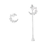 Mikikit 1 Pair Asymmetric Moon and Star Earrings with Pearl Tassel Drops for Women, Silver Material, Gorgeous Design, Suitable for Anniversary and Birthday Occasions