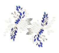 Mikikit 2 Pcs Blue Rhinestone Leaf Hair Comb with Silver Leaves, Pearl Crystal Bridal Side Hair Accessories for Wedding Brides, Elegant Blue Glass Marquise Gems Hairpiece