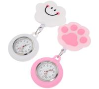 Mikikit 2pcs Clip-on Nurse Watches with Retractable Soft Strap, Cute Cartoon Pocket Fob Watch Set for Women Students and Medical Staff, Smile Cloud Pink Cat Paw Designs
